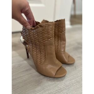 Coach Tan Woven Leather Peep Toe Ankle Boots Heels Size 9.5 Western Cowgirl Sexy